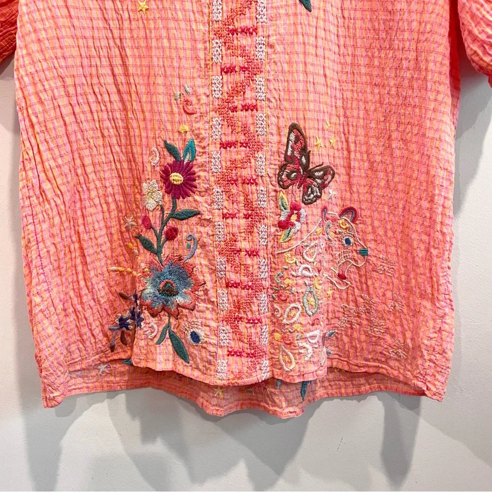 Johnny Was Olinda Embroidered Puff Sleeve Textured Blouse